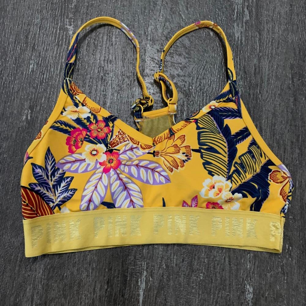 Victoria's Secret Pink Sport Tropical‎ Floral Yellow Sports Bra XS Lightly Lined